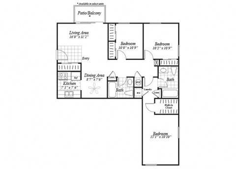 Floor plan for 3 beds, 2 baths, 1069 sqft